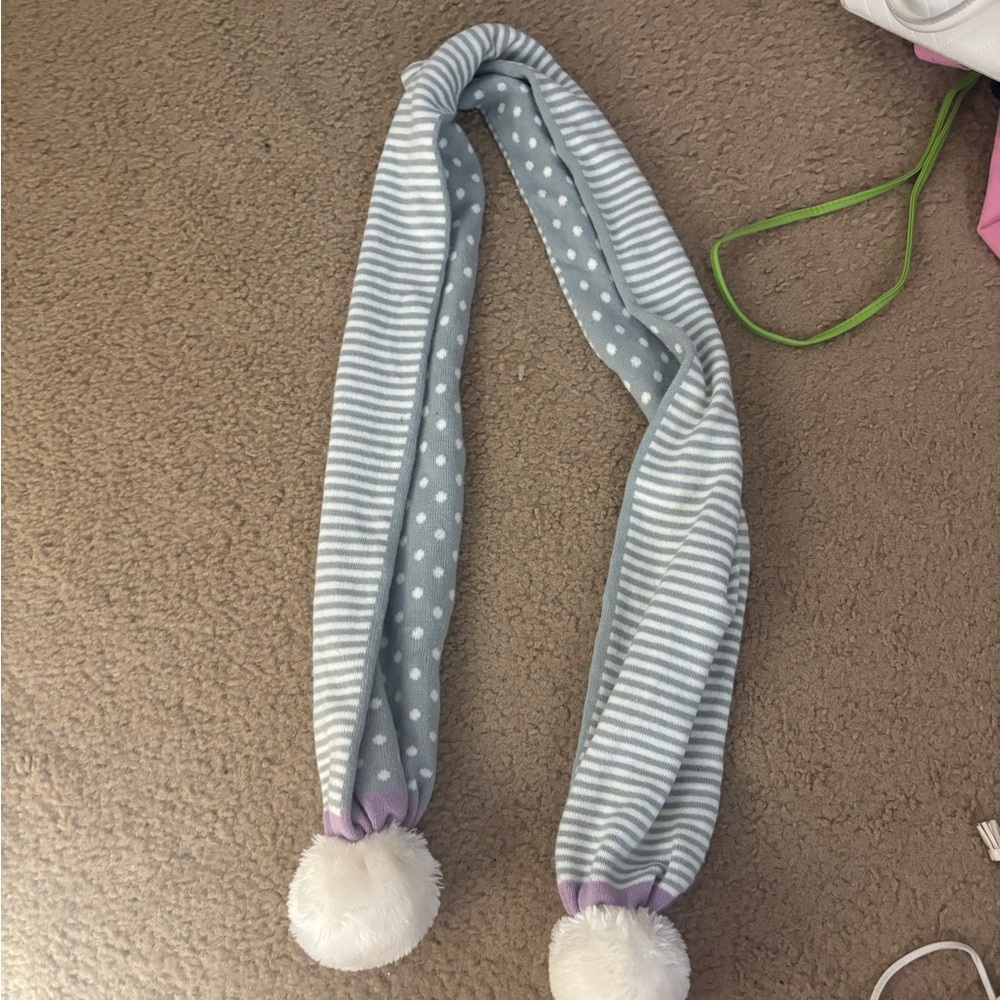Kids Blue and White Striped Scarf with Pom Poms